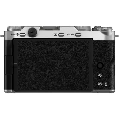 Fujifilm X-M5 silver mirrorless camera with XC 15-45mm f/3.5-5.6 OIS PZ compact zoom lens featuring 23-69mm equivalent focal length, 3-stop optical image stabilization, and smooth electric zoom