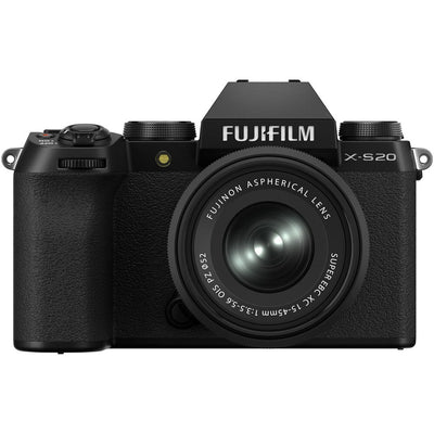 Fujifilm X-S20 black mirrorless camera with 26.1MP APS-C X-Trans CMOS 4 sensor, X-Processor 5, 5-axis in-body image stabilization, 2.36m-dot OLED EVF, 3-inch vari-angle touchscreen, and XC 15-45mm f/3.5-5.6 OIS PZ compact zoom lens