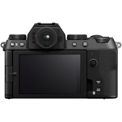 Fujifilm X-S20 black mirrorless camera with 26.1MP APS-C X-Trans CMOS 4 sensor, X-Processor 5, 5-axis in-body image stabilization, 2.36m-dot OLED EVF, 3-inch vari-angle touchscreen, and XC 15-45mm f/3.5-5.6 OIS PZ compact zoom lens