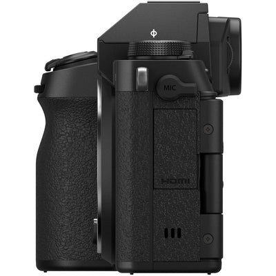 Fujifilm X-S20 black mirrorless camera with 26.1MP APS-C X-Trans CMOS 4 sensor, X-Processor 5, 5-axis in-body image stabilization, 2.36m-dot OLED EVF, 3-inch vari-angle touchscreen, and XC 15-45mm f/3.5-5.6 OIS PZ compact zoom lens