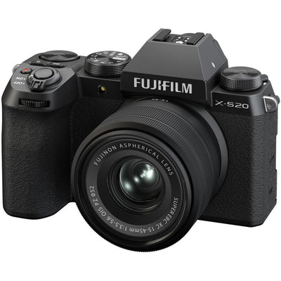 Fujifilm X-S20 black mirrorless camera with 26.1MP APS-C X-Trans CMOS 4 sensor, X-Processor 5, 5-axis in-body image stabilization, 2.36m-dot OLED EVF, 3-inch vari-angle touchscreen, and XC 15-45mm f/3.5-5.6 OIS PZ compact zoom lens