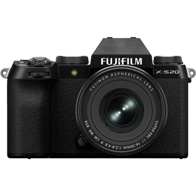 Fujifilm X-S20 black mirrorless camera with XF 16-50mm f/2.8-4.8 R LM WR lens, 26.1MP APS-C X-Trans CMOS 4 sensor, 5-axis in-body image stabilization, 2.36m-dot OLED EVF, and 6.2K video recording