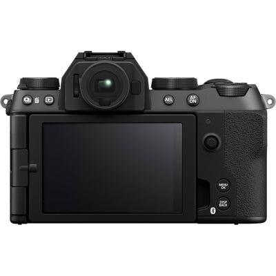 Fujifilm X-S20 black mirrorless camera with XF 16-50mm f/2.8-4.8 R LM WR lens, 26.1MP APS-C X-Trans CMOS 4 sensor, 5-axis in-body image stabilization, 2.36m-dot OLED EVF, and 6.2K video recording