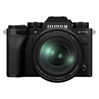 Fujifilm X-T5 Mirrorless Camera with 16-80mm Lens – black APS-C camera kit featuring a 40MP sensor, in-body stabilisation, and versatile zoom lens for stills and video.