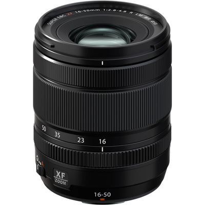 Fujifilm X-T5 black mirrorless camera with XF 16-50mm f/2.8-4.8 R LM WR lens, 40.2MP APS-C X-Trans CMOS 5 HR sensor, 7-stop in-body image stabilization, 3.69m-dot OLED EVF, and advanced video with 4K 120p and 6.2K 30p recording