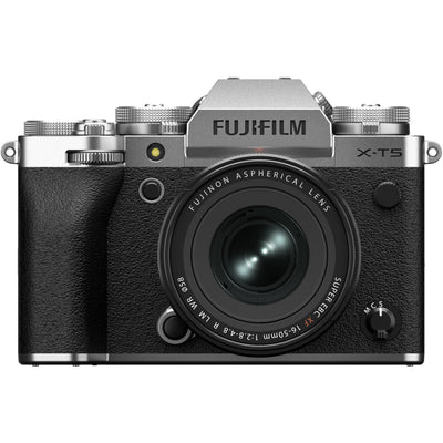 Fujifilm X-T5 silver mirrorless camera with XF 16-50mm f/2.8-4.8 R LM WR lens, 40.2MP APS-C X-Trans CMOS 5 HR sensor, 7-stop in-body image stabilization, 3.69m-dot OLED EVF, and advanced video with 4K 120p and 6.2K 30p recording