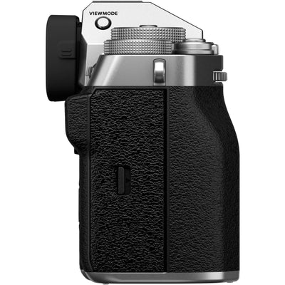 Fujifilm X-T5 silver mirrorless camera with XF 16-50mm f/2.8-4.8 R LM WR lens, 40.2MP APS-C X-Trans CMOS 5 HR sensor, 7-stop in-body image stabilization, 3.69m-dot OLED EVF, and advanced video with 4K 120p and 6.2K 30p recording