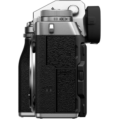 Fujifilm X-T5 silver mirrorless camera with XF 16-50mm f/2.8-4.8 R LM WR lens, 40.2MP APS-C X-Trans CMOS 5 HR sensor, 7-stop in-body image stabilization, 3.69m-dot OLED EVF, and advanced video with 4K 120p and 6.2K 30p recording