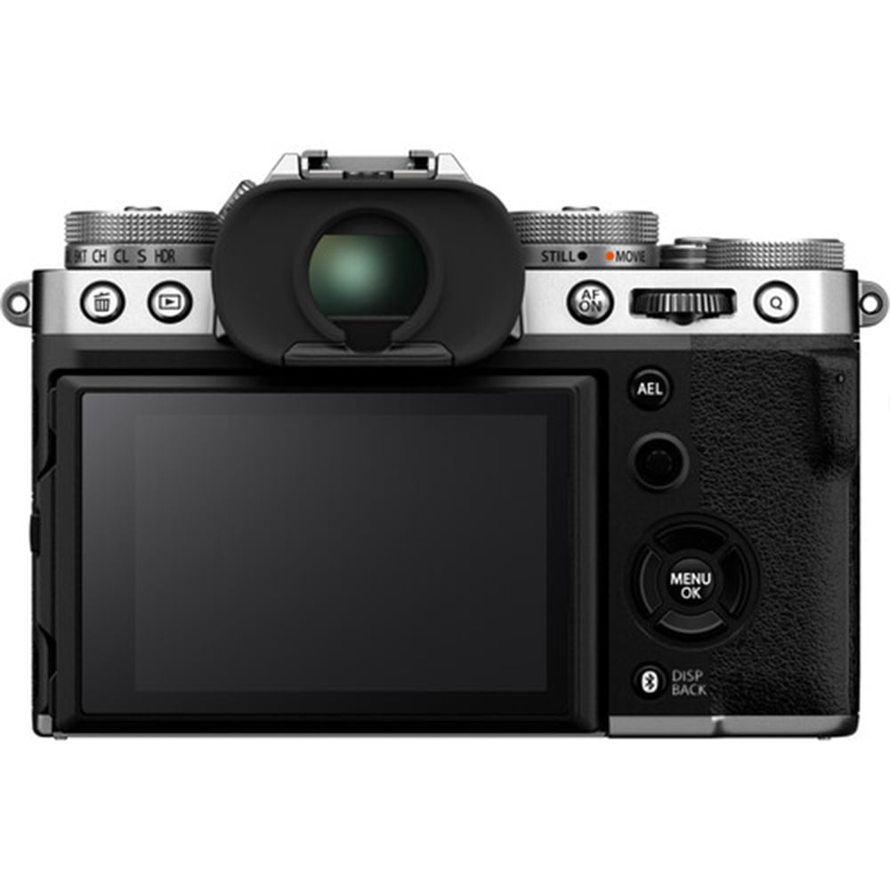 Fujifilm X-T5 silver mirrorless camera with 40.2MP APS-C X-Trans CMOS 5 HR sensor, 7-stop 5-axis in-body image stabilization, 3.69m-dot OLED viewfinder, 3-inch tilting touchscreen, and 6.2K 30p video recording