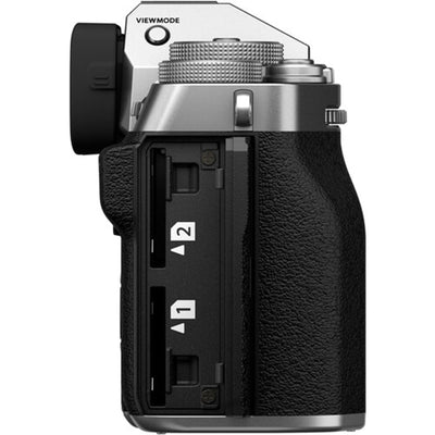 Fujifilm X-T5 silver mirrorless camera with 40.2MP APS-C X-Trans CMOS 5 HR sensor, 7-stop 5-axis in-body image stabilization, 3.69m-dot OLED viewfinder, 3-inch tilting touchscreen, and 6.2K 30p video recording
