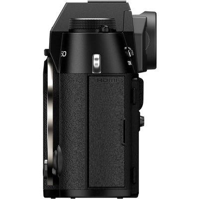 Fujifilm X-T50 black mirrorless camera with 40.2MP APS-C X-Trans CMOS 5 HR sensor, 7-stop in-body image stabilization, hybrid autofocus, 3-inch tilting touchscreen, 2.36M-dot OLED EVF, and 6K video recording