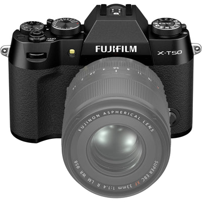 Fujifilm X-T50 black mirrorless camera with 40.2MP APS-C X-Trans CMOS 5 HR sensor, 7-stop in-body image stabilization, hybrid autofocus, 3-inch tilting touchscreen, 2.36M-dot OLED EVF, and 6K video recording