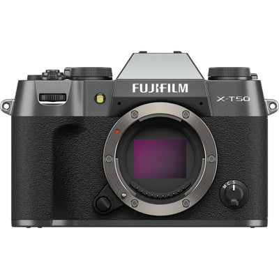 Fujifilm X-T50 charcoal grey mirrorless camera with 40.2MP APS-C X-Trans CMOS 5 HR sensor, 7-stop in-body image stabilization, hybrid autofocus, 3-inch tilting touchscreen, 2.36M-dot OLED EVF, and 6K video recording