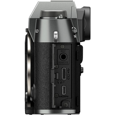 Fujifilm X-T50 charcoal grey mirrorless camera with 40.2MP APS-C X-Trans CMOS 5 HR sensor, 7-stop in-body image stabilization, hybrid autofocus, 3-inch tilting touchscreen, 2.36M-dot OLED EVF, and 6K video recording