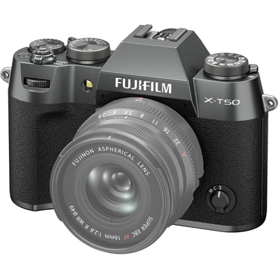 Fujifilm X-T50 charcoal grey mirrorless camera with 40.2MP APS-C X-Trans CMOS 5 HR sensor, 7-stop in-body image stabilization, hybrid autofocus, 3-inch tilting touchscreen, 2.36M-dot OLED EVF, and 6K video recording