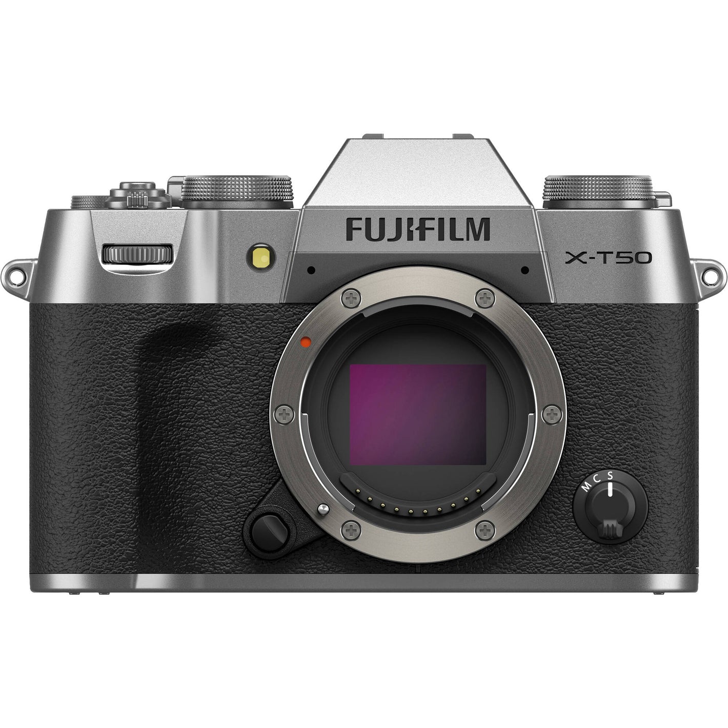 Fujifilm X-T50 silver mirrorless camera with 40.2MP APS-C X-Trans CMOS 5 HR sensor, 7-stop in-body image stabilization, hybrid autofocus, 3-inch tilting touchscreen, 2.36M-dot OLED EVF, and 6K video recording