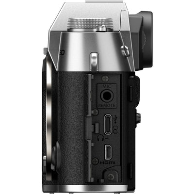 Fujifilm X-T50 silver mirrorless camera with 40.2MP APS-C X-Trans CMOS 5 HR sensor, 7-stop in-body image stabilization, hybrid autofocus, 3-inch tilting touchscreen, 2.36M-dot OLED EVF, and 6K video recording