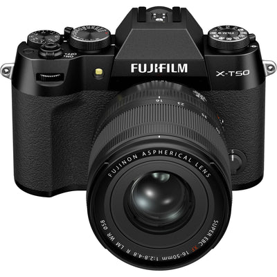 Fujifilm X-T50 black mirrorless camera with 40.2MP APS-C X-Trans CMOS 5 HR sensor, 16-50mm lens, 7-stop in-body stabilization, 4K video, and tilting touchscreen.