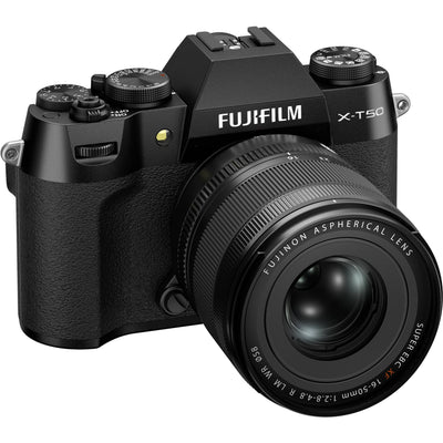 Fujifilm X-T50 black mirrorless camera with 40.2MP APS-C X-Trans CMOS 5 HR sensor, 16-50mm lens, 7-stop in-body stabilization, 4K video, and tilting touchscreen.