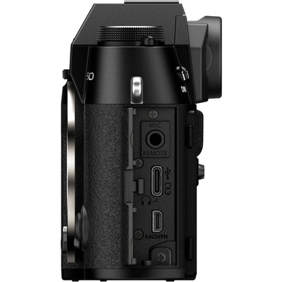 Fujifilm X-T50 black mirrorless camera with 40.2MP APS-C X-Trans CMOS 5 HR sensor, 16-50mm lens, 7-stop in-body stabilization, 4K video, and tilting touchscreen.