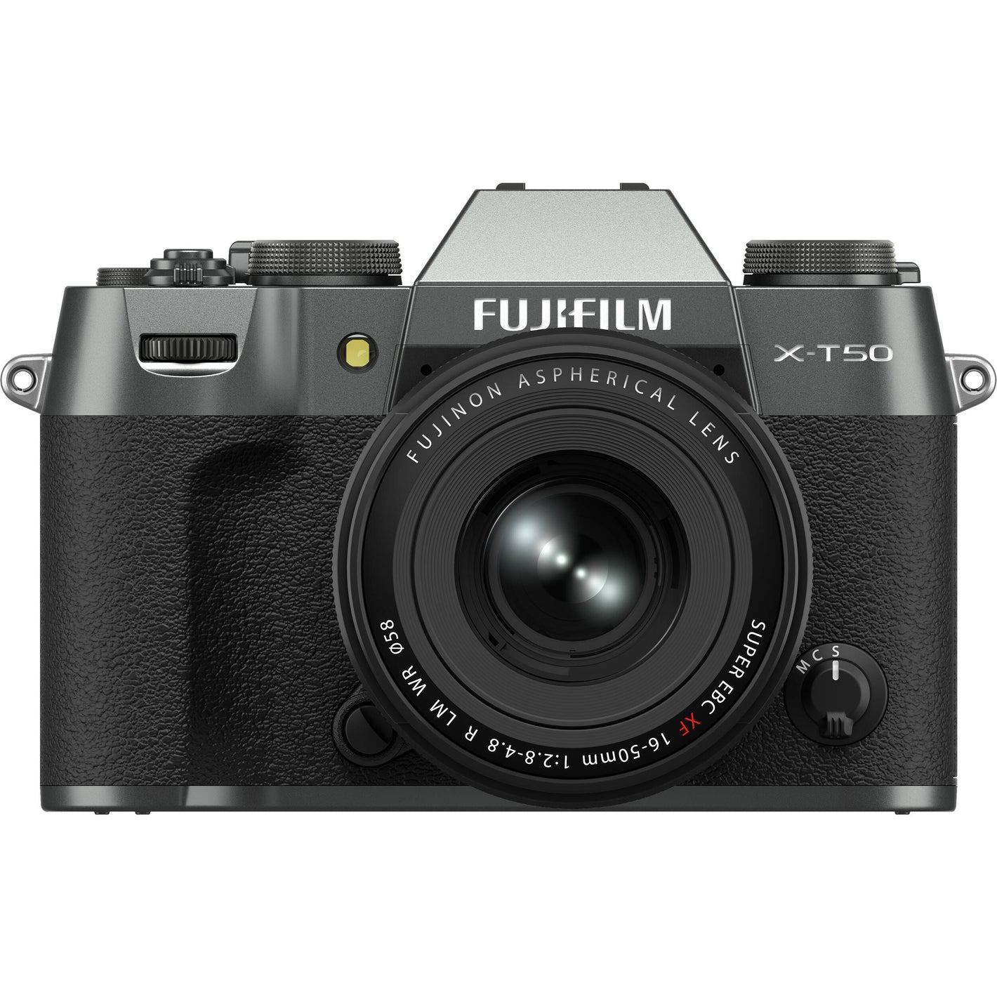 Fujifilm X-T50 mirrorless camera in charcoal grey with 40.2MP APS-C X-Trans CMOS 5 HR sensor, 16-50mm lens, 7-stop in-body image stabilization, 6.2K video recording, AI-assisted autofocus, and 3-inch tilting touchscreen.