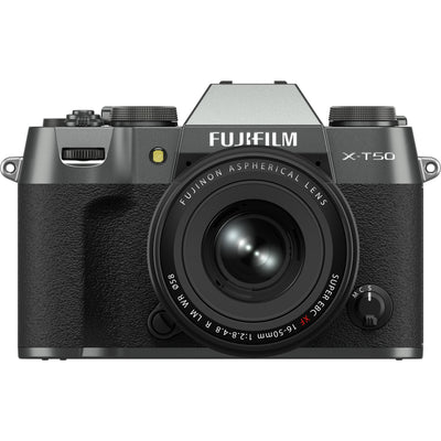 Fujifilm X-T50 mirrorless camera in charcoal grey with 40.2MP APS-C X-Trans CMOS 5 HR sensor, 16-50mm lens, 7-stop in-body image stabilization, 6.2K video recording, AI-assisted autofocus, and 3-inch tilting touchscreen.