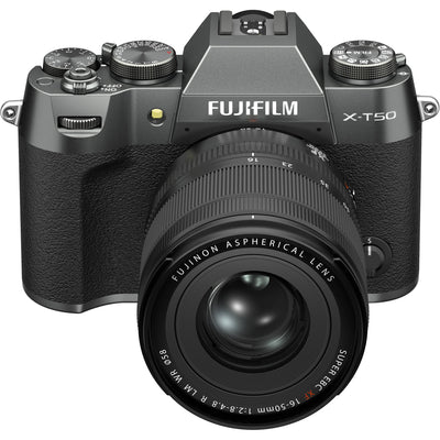 Fujifilm X-T50 mirrorless camera in charcoal grey with 40.2MP APS-C X-Trans CMOS 5 HR sensor, 16-50mm lens, 7-stop in-body image stabilization, 6.2K video recording, AI-assisted autofocus, and 3-inch tilting touchscreen.