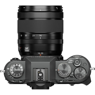 Fujifilm X-T50 mirrorless camera in charcoal grey with 40.2MP APS-C X-Trans CMOS 5 HR sensor, 16-50mm lens, 7-stop in-body image stabilization, 6.2K video recording, AI-assisted autofocus, and 3-inch tilting touchscreen.