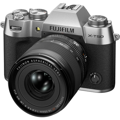 Fujifilm X-T50 silver mirrorless camera with 40.2MP APS-C X-Trans CMOS 5 HR sensor, 16-50mm lens, 7-stop in-body image stabilization, 6.2K video recording, AI autofocus, and 3-inch tilting touchscreen.