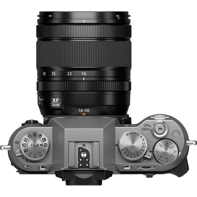 Fujifilm X-T50 silver mirrorless camera with 40.2MP APS-C X-Trans CMOS 5 HR sensor, 16-50mm lens, 7-stop in-body image stabilization, 6.2K video recording, AI autofocus, and 3-inch tilting touchscreen.