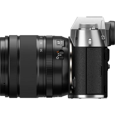 Fujifilm X-T50 silver mirrorless camera with 40.2MP APS-C X-Trans CMOS 5 HR sensor, 16-50mm lens, 7-stop in-body image stabilization, 6.2K video recording, AI autofocus, and 3-inch tilting touchscreen.