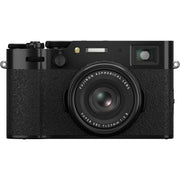 Fujifilm X100VI black compact digital camera featuring 40.2MP APS-C X-Trans CMOS 5 HR sensor and a 23mm f/2 fixed lens.

