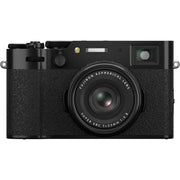 Fujifilm X100VI black compact digital camera featuring 40.2MP APS-C X-Trans CMOS 5 HR sensor, 23mm f/2 fixed lens, 5-axis in-body image stabilization, hybrid optical/electronic viewfinder, and 3-inch tilting touchscreen.