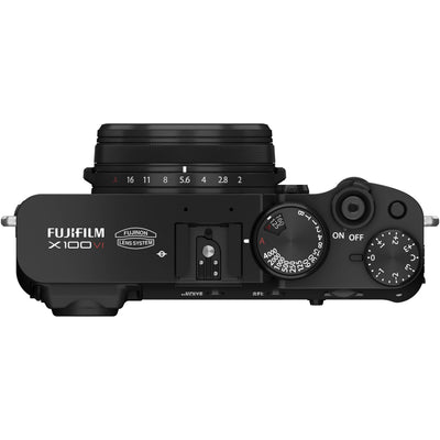 Fujifilm X100VI black compact digital camera featuring 40.2MP APS-C X-Trans CMOS 5 HR sensor and a 23mm f/2 fixed lens.
