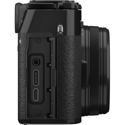 Fujifilm X100VI black compact digital camera featuring 40.2MP APS-C X-Trans CMOS 5 HR sensor and a 23mm f/2 fixed lens.
