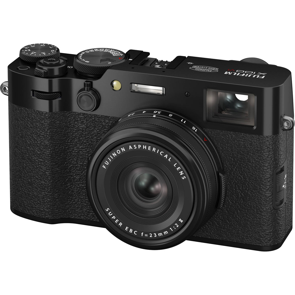 Fujifilm X100VI black compact digital camera featuring 40.2MP APS-C X-Trans CMOS 5 HR sensor and a 23mm f/2 fixed lens.
