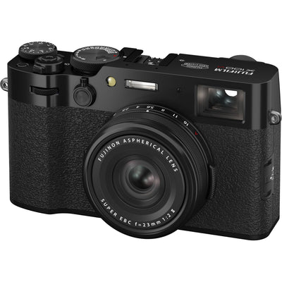 Fujifilm X100VI black compact digital camera featuring 40.2MP APS-C X-Trans CMOS 5 HR sensor and a 23mm f/2 fixed lens.
