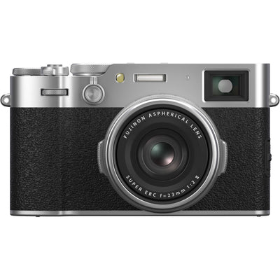 Fujifilm X100VI silver compact digital camera featuring 40.2MP APS-C X-Trans CMOS 5 HR sensor and a 23mm f/2 fixed lens.
