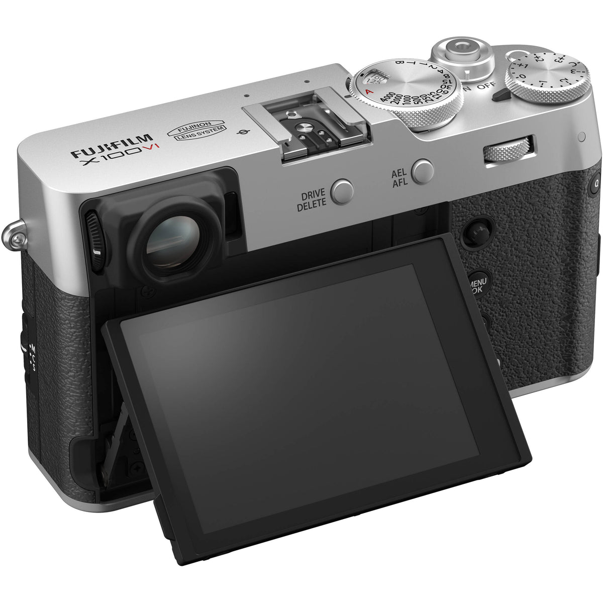 Fujifilm X100VI silver compact digital camera featuring 40.2MP APS-C X-Trans CMOS 5 HR sensor and a 23mm f/2 fixed lens.
