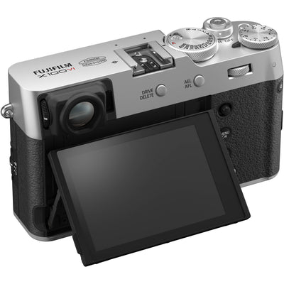 Fujifilm X100VI silver compact digital camera featuring 40.2MP APS-C X-Trans CMOS 5 HR sensor and a 23mm f/2 fixed lens.
