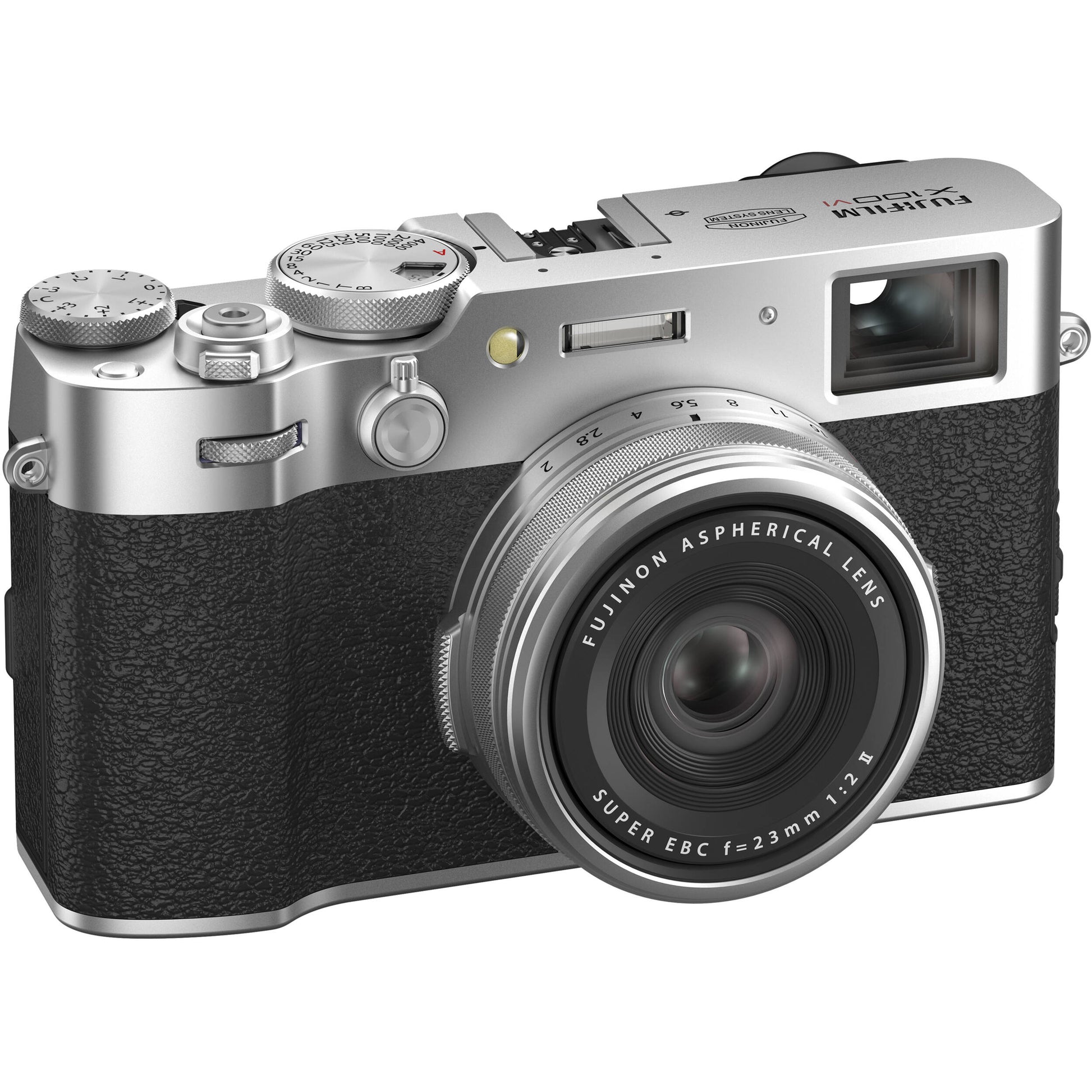 Fujifilm X100VI silver compact digital camera featuring 40.2MP APS-C X-Trans CMOS 5 HR sensor and a 23mm f/2 fixed lens.
