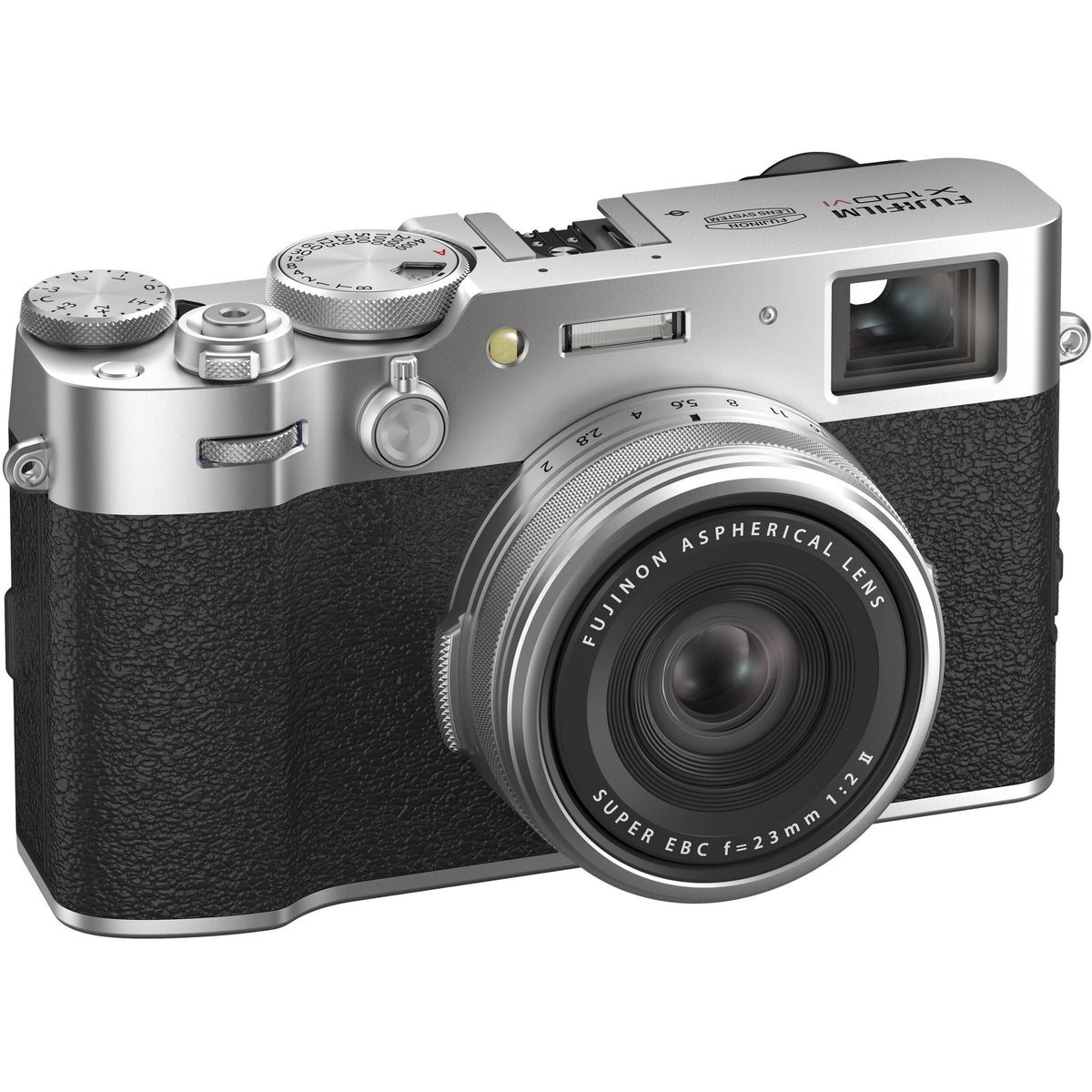 Fujifilm X100VI silver compact digital camera featuring 40.2MP APS-C X-Trans CMOS 5 HR sensor and a 23mm f/2 fixed lens.

