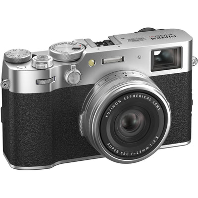 Fujifilm X100VI silver compact digital camera featuring 40.2MP APS-C X-Trans CMOS 5 HR sensor and a 23mm f/2 fixed lens.
