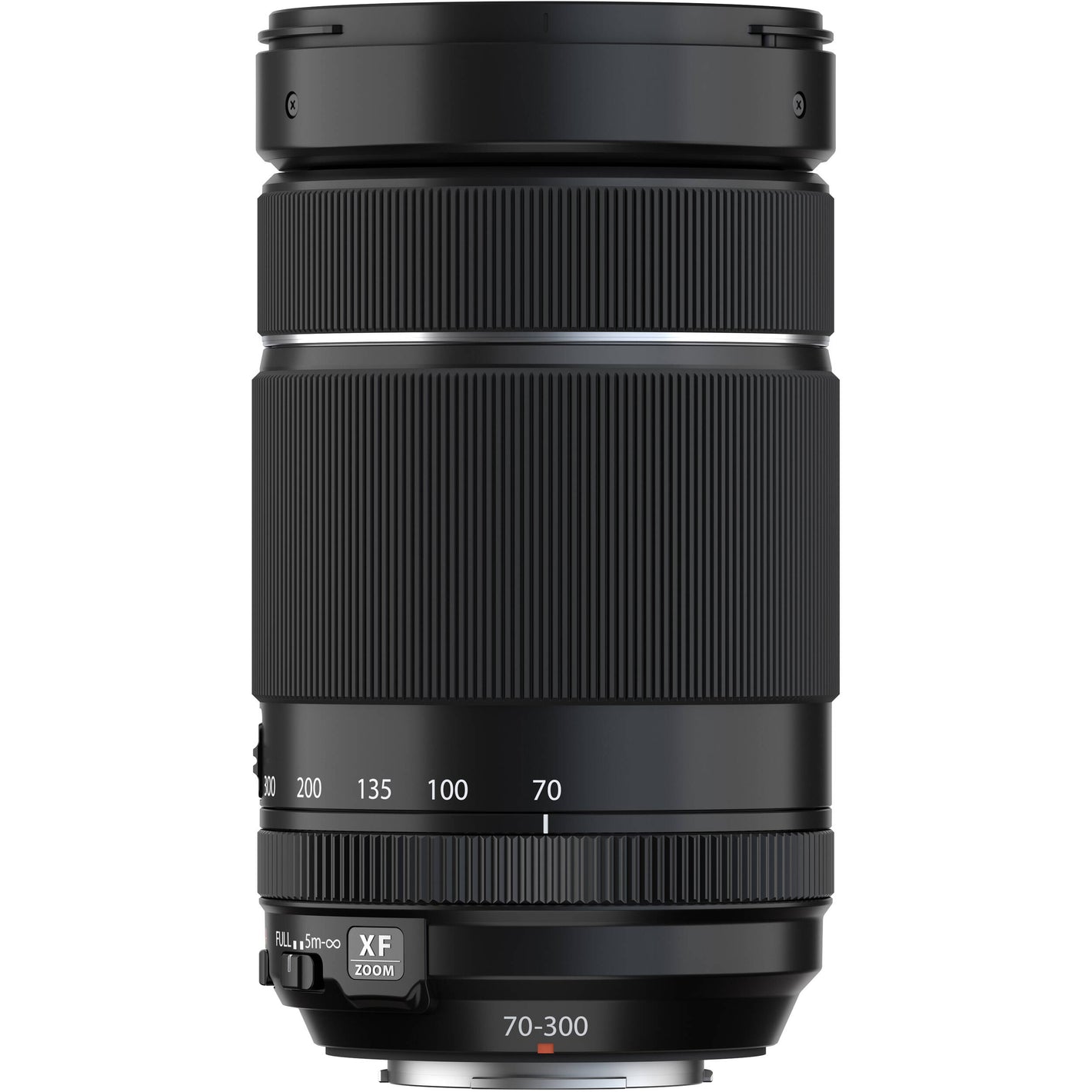 Camera lens with focus scale and brand logo on a white background
