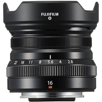 Fujifilm XF 16mm f/2.8 R WR lens. Compact APS-C wide-angle prime with f/2.8, sharp optics, weather-resistant build, and travel-friendly design.