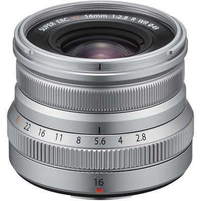 Fujifilm XF 16mm f/2.8 R WR lens. Compact APS-C wide-angle prime with f/2.8, sharp optics, weather-resistant build, and travel-friendly design.