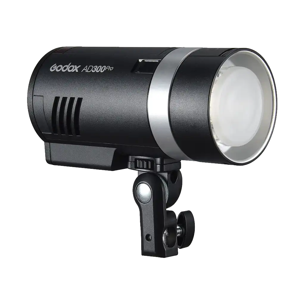 Godox AD300 Pro Portable Pocket Flash – compact flash unit in silver/grey housing, showing control panel and Bowens mount front
