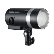 Godox AD300 Pro Portable Pocket Flash – compact flash unit in silver/grey housing, showing control panel and Bowens mount front