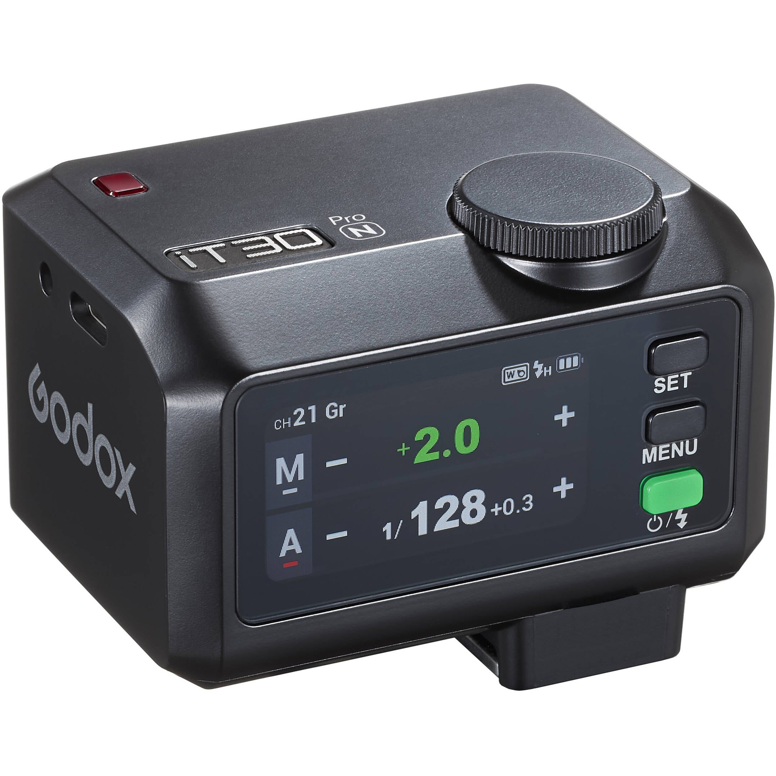 Godox iT30 Pro with built-in diffuser flipped out and the designed quick-release hot shoe locking mechanism.
