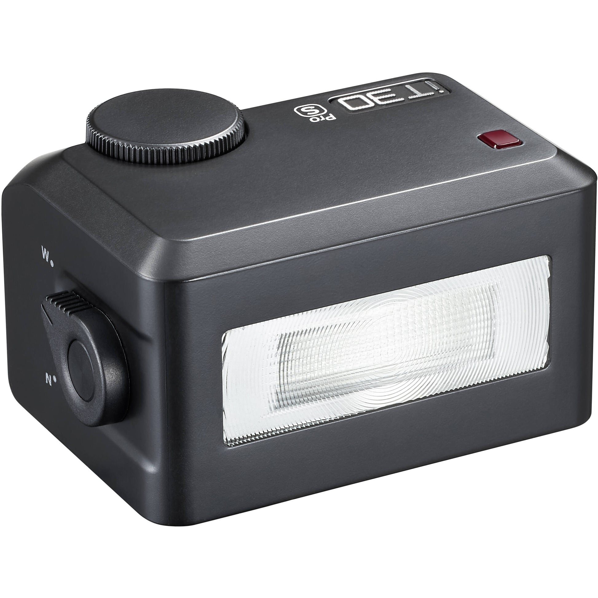 Godox iT30 Pro with built-in diffuser flipped out and the designed quick-release hot shoe locking mechanism.
